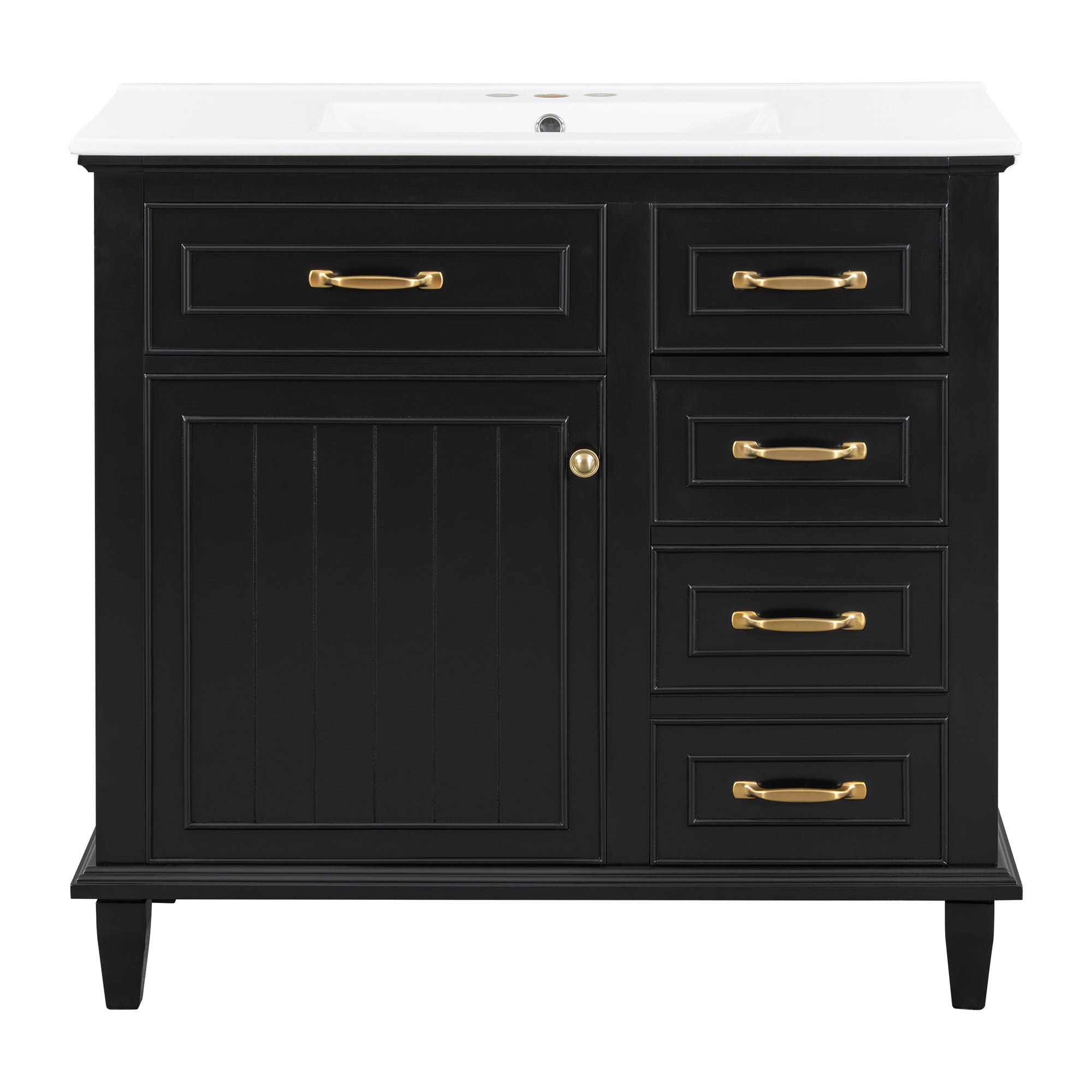 VanityFus 36-in Black Bathroom Vanity Single Sink Combo Ceramic Top 1 Soft Close Door 4 drawers Undermount Adjustable Shelves